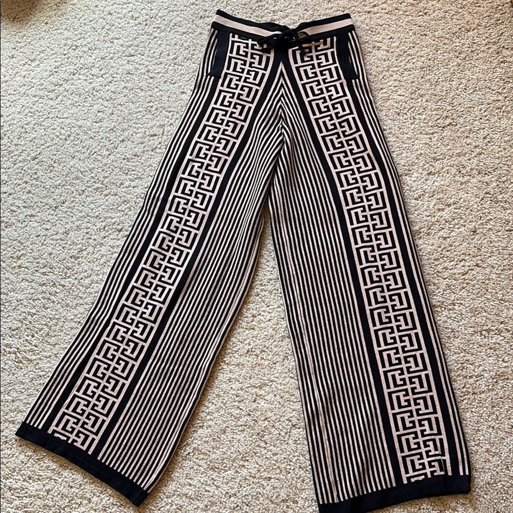 Stylish Black and Tan Greek Key Patterned Pants